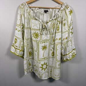 Top Model Women's Top Size XL Green Vacation Block Print Celestial Cotton